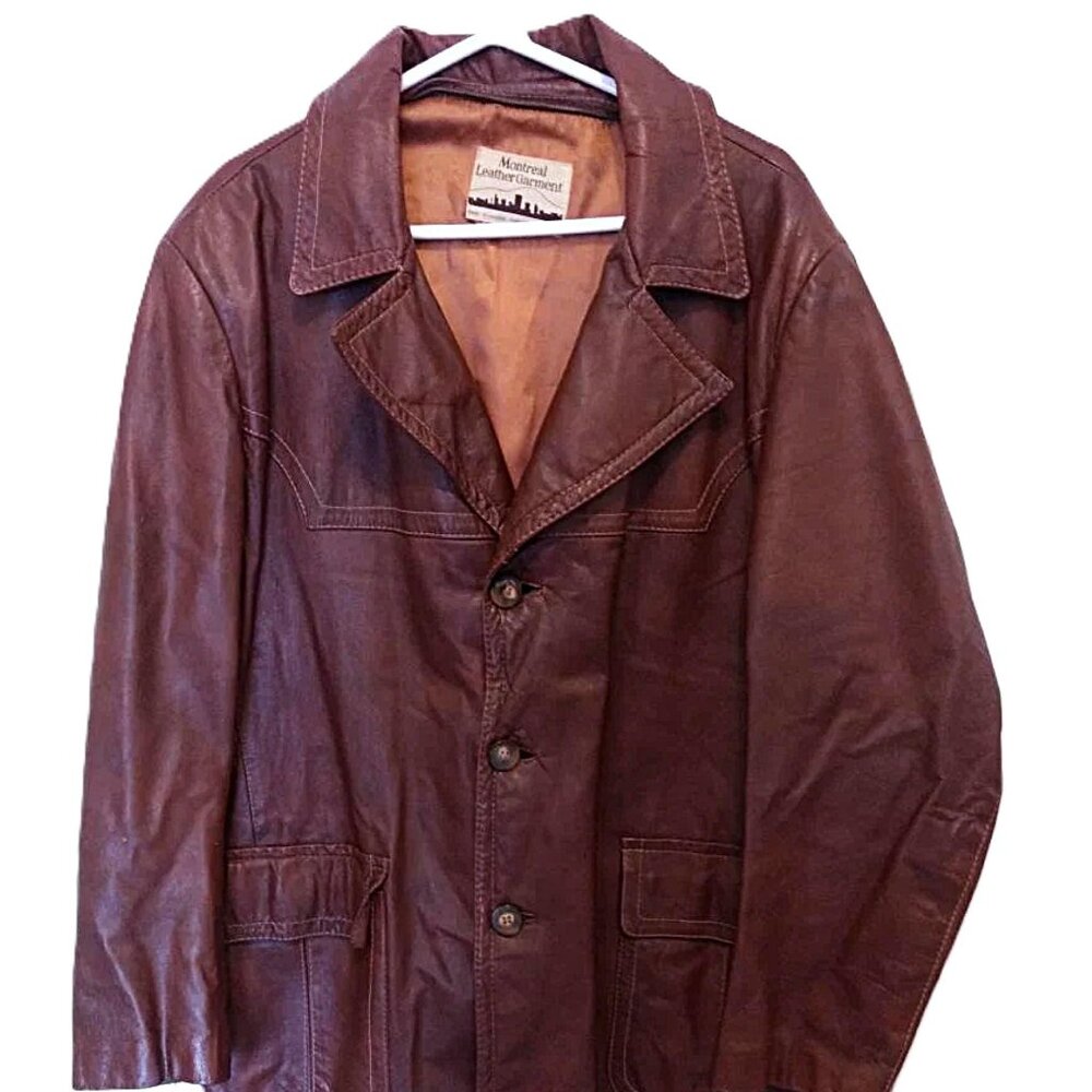 Vintage Men's Brown Leather Coat 50" Chest Large XL Pockets 70s Western Retro